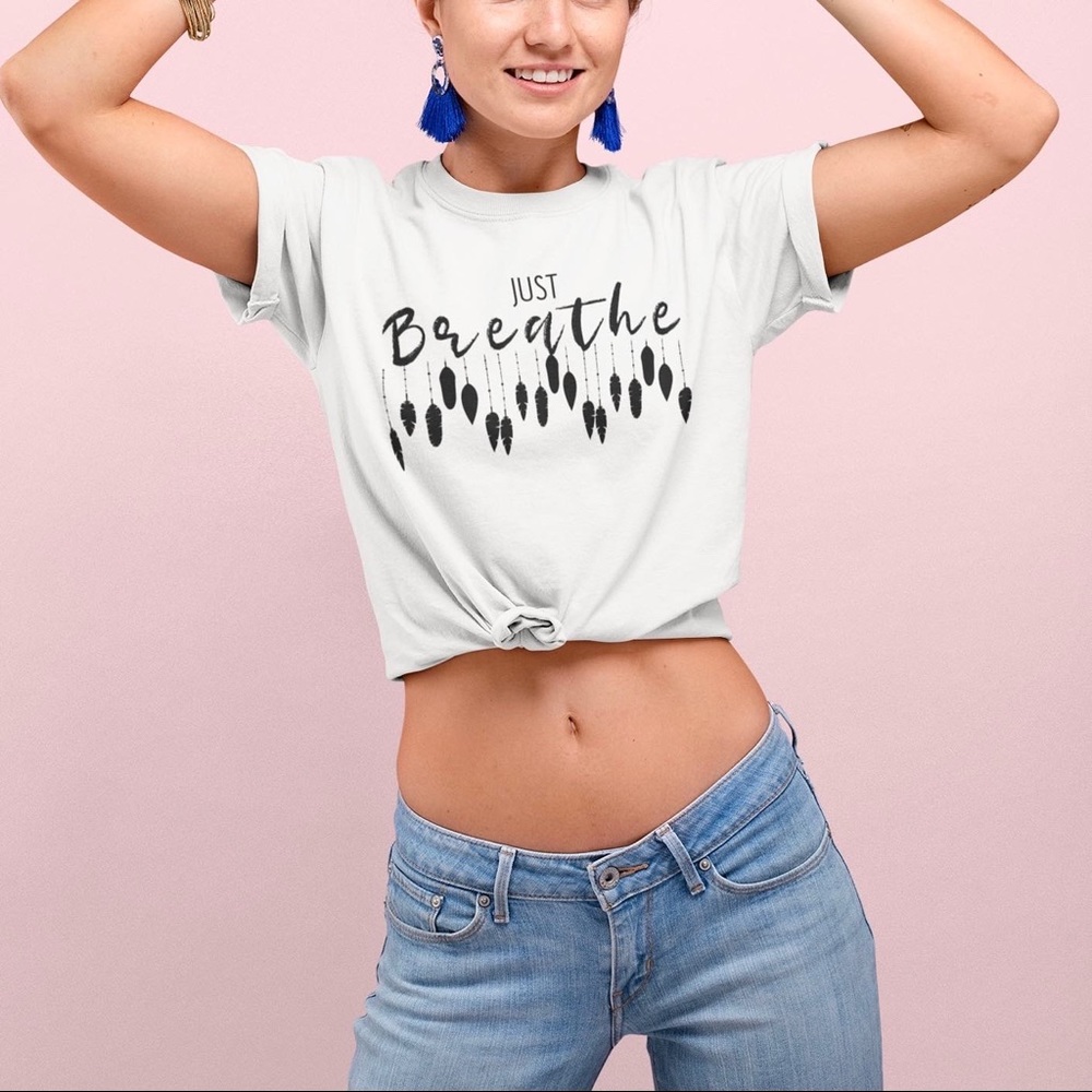 Graphic t shirt, “ just breath” boho/casual